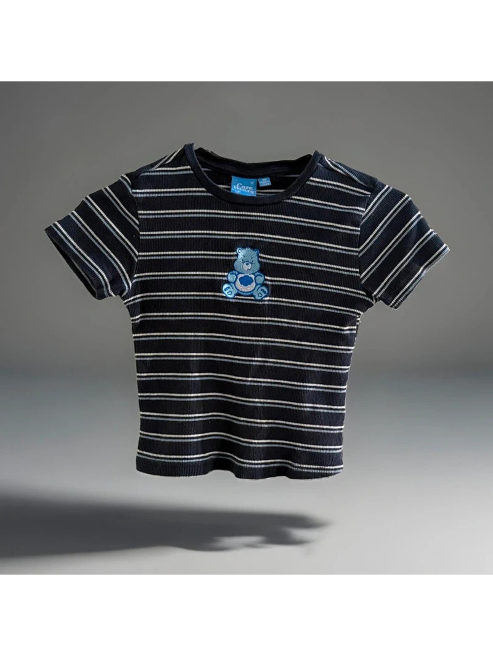 Care Bears Grumpy Bear Women’s Small Striped Baby Tee Y2K Embroidered Blue